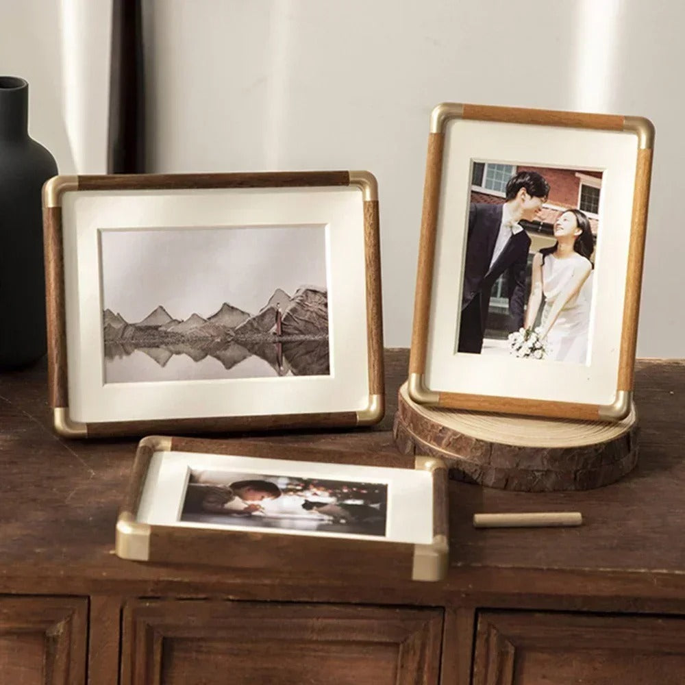 Tabletop Photo Frame Solid Wood Picture Frame with Brass Corners Freestanding Vintage Desk and Shelf Display Horizontal or Vertical
