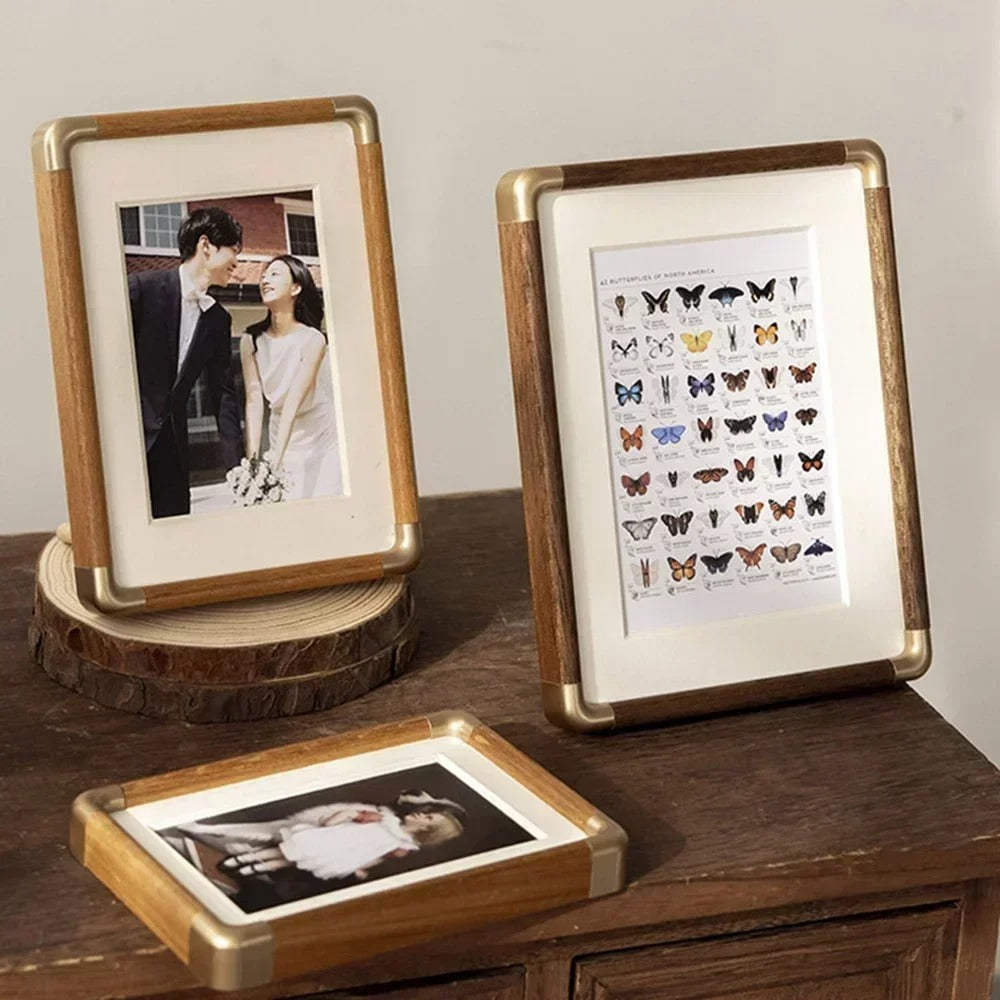 Tabletop Photo Frame Solid Wood Picture Frame with Brass Corners Freestanding Vintage Desk and Shelf Display Horizontal or Vertical