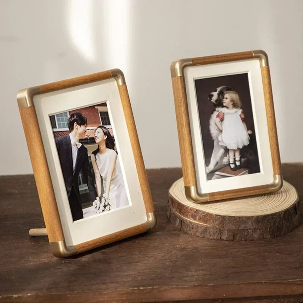 Tabletop Photo Frame Solid Wood Picture Frame with Brass Corners Freestanding Vintage Desk and Shelf Display Horizontal or Vertical