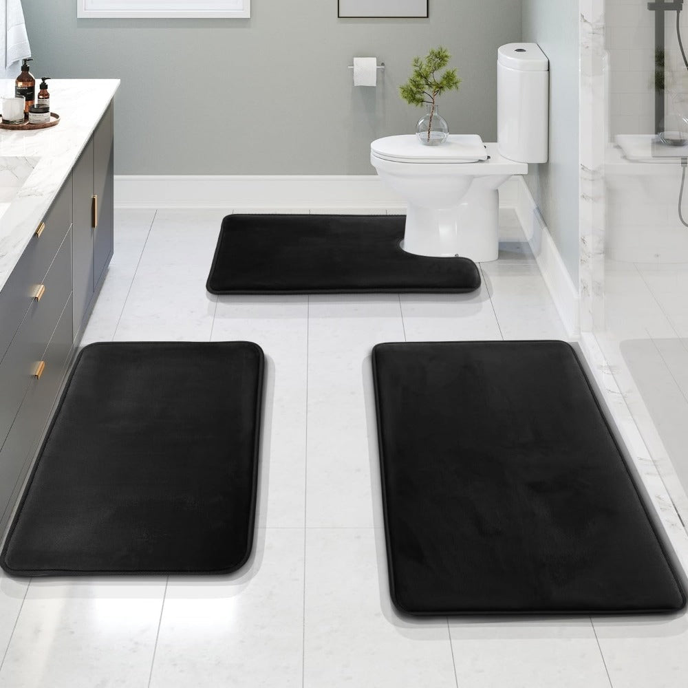 Memory Foam Bath Mat Set with Non Slip Backing and U Shaped Toilet Rug