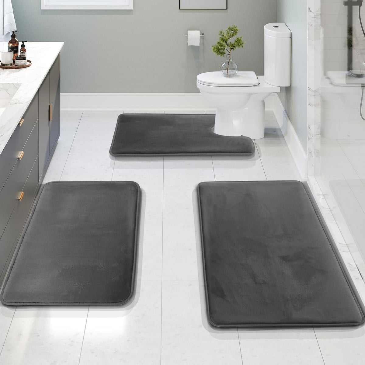 Memory Foam Bath Mat Set with Non Slip Backing and U Shaped Toilet Rug