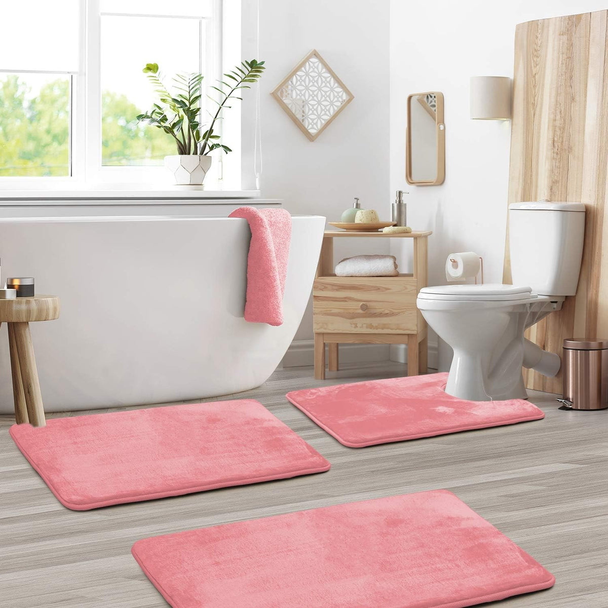 Memory Foam Bath Mat Set with Non Slip Backing and U Shaped Toilet Rug