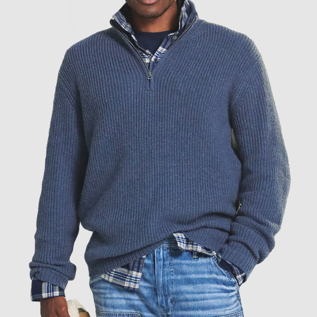 Men's Crew Neck Zipper Sweater Knit Quarter Zip Pullover Business Casual Soft Knit Sweater with Ribbed Cuffs