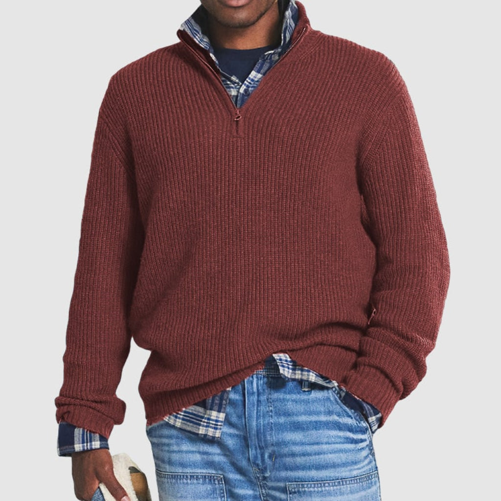 Men's Crew Neck Zipper Sweater Knit Quarter Zip Pullover Business Casual Soft Knit Sweater with Ribbed Cuffs