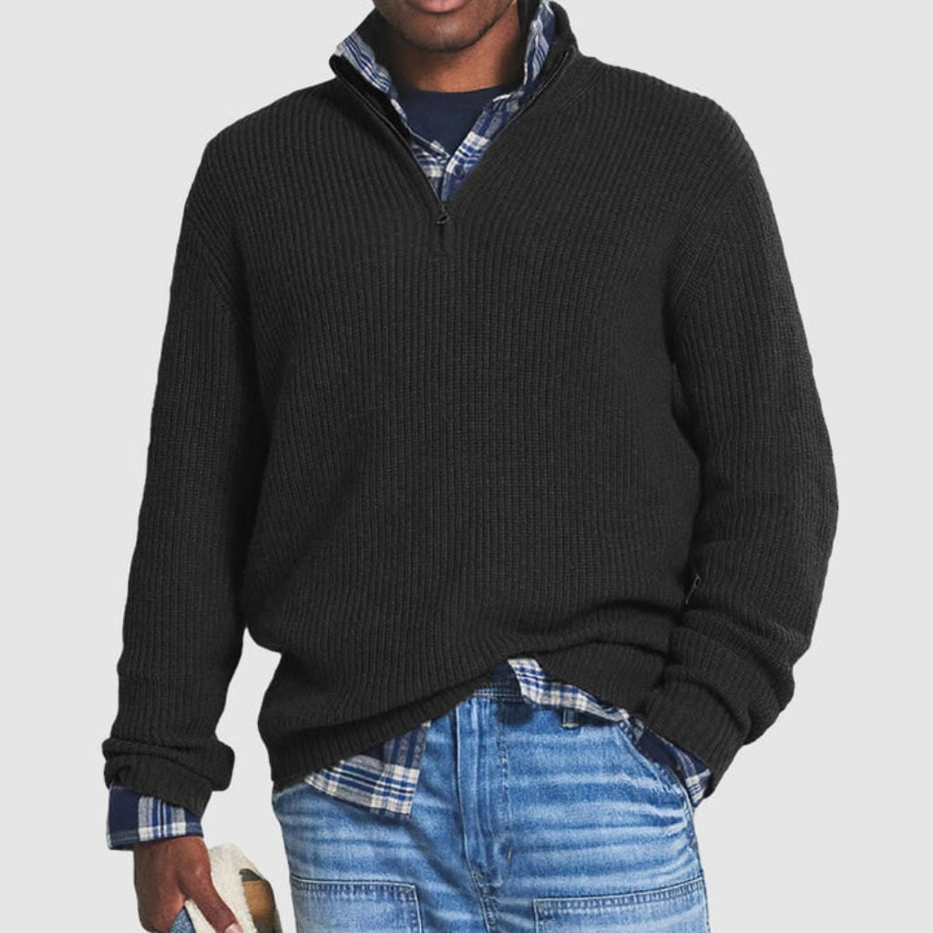 Men's Crew Neck Zipper Sweater Knit Quarter Zip Pullover Business Casual Soft Knit Sweater with Ribbed Cuffs
