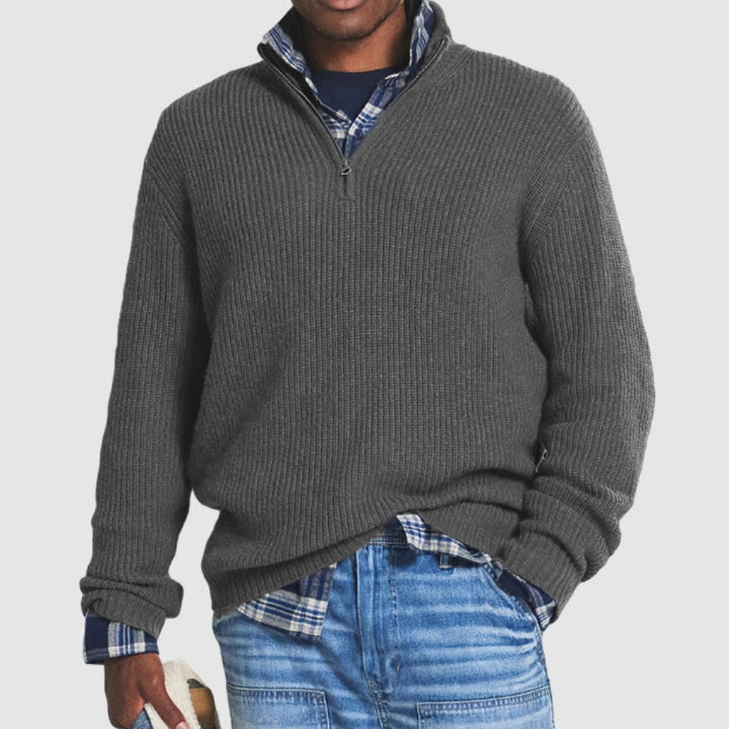 Men's Crew Neck Zipper Sweater Knit Quarter Zip Pullover Business Casual Soft Knit Sweater with Ribbed Cuffs