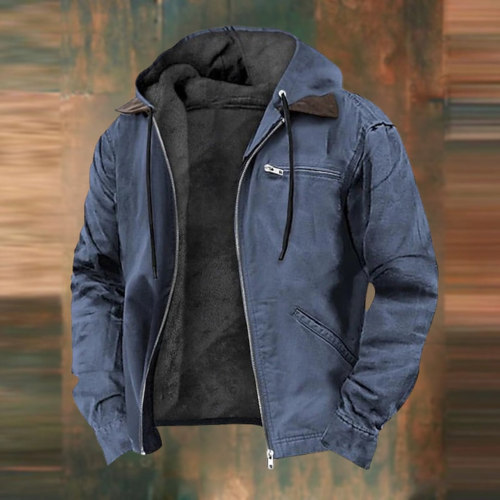 Mens Fleece Lined Hooded Canvas Work Jacket with Zip