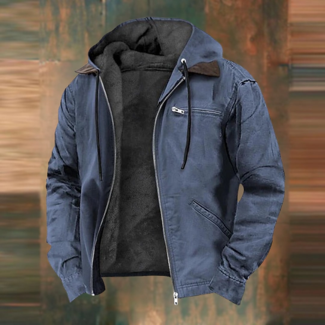 Mens Fleece Lined Hooded Canvas Work Jacket with Zip