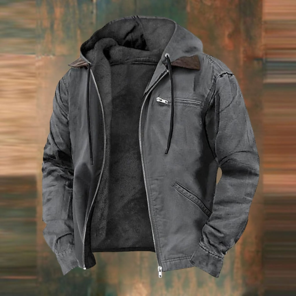 Mens Fleece Lined Hooded Canvas Work Jacket with Zip
