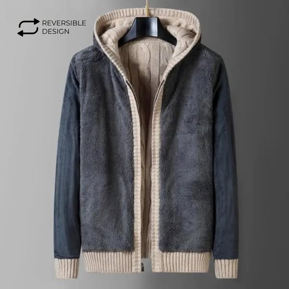 Mens Reversible Cable Knit Hooded Cardigan with Fleece Lining and Zip