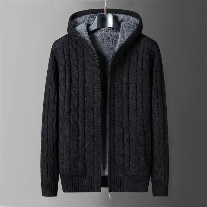 Mens Reversible Cable Knit Hooded Cardigan with Fleece Lining and Zip