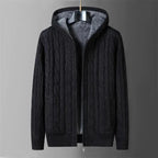 Mens Reversible Cable Knit Hooded Cardigan with Fleece Lining and Zip