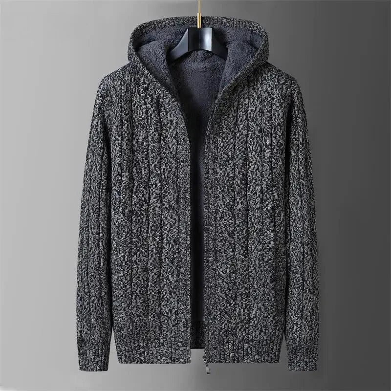 Mens Reversible Cable Knit Hooded Cardigan with Fleece Lining and Zip
