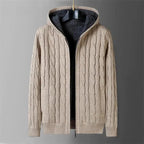 Mens Reversible Cable Knit Hooded Cardigan with Fleece Lining and Zip