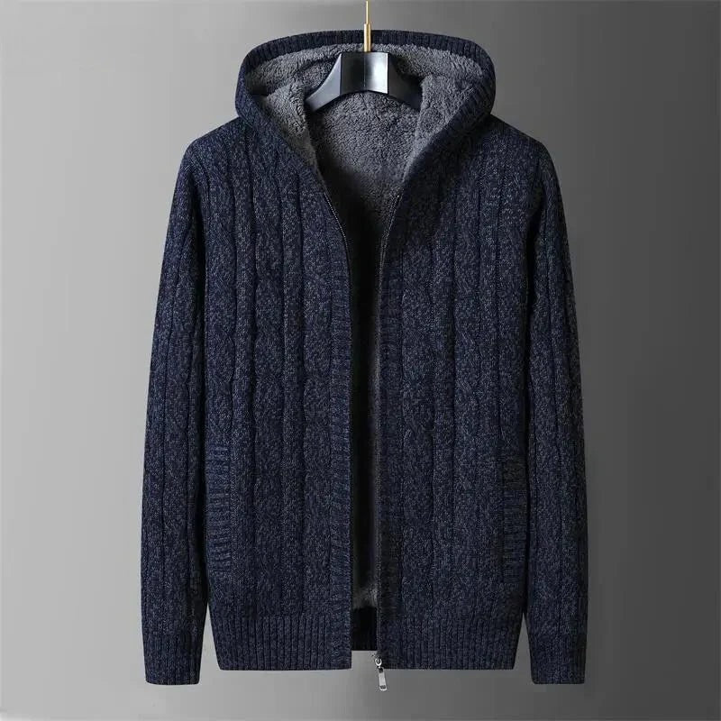 Mens Reversible Cable Knit Hooded Cardigan with Fleece Lining and Zip