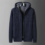 Mens Reversible Cable Knit Hooded Cardigan with Fleece Lining and Zip