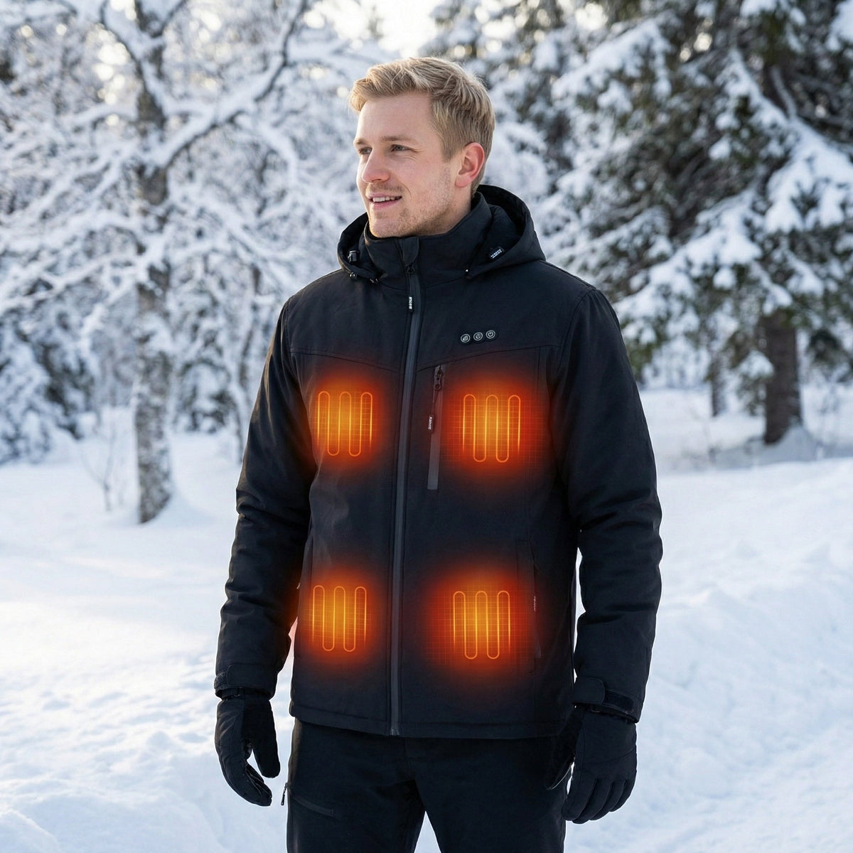 Mens USB Heated Jacket with Hood and Adjustable Heating Zones