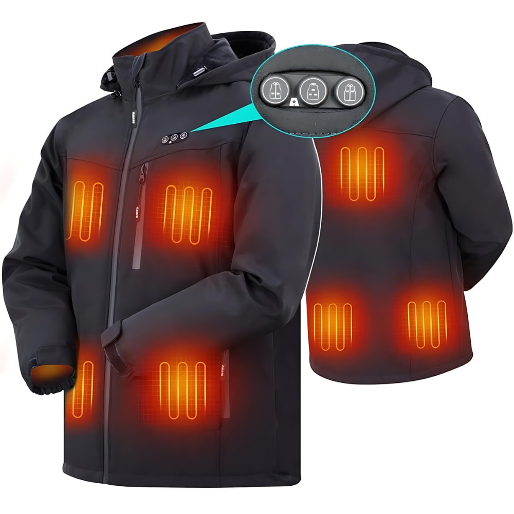 Mens USB Heated Jacket with Hood and Adjustable Heating Zones