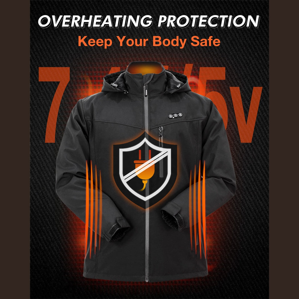 Mens USB Heated Jacket with Hood and Adjustable Heating Zones
