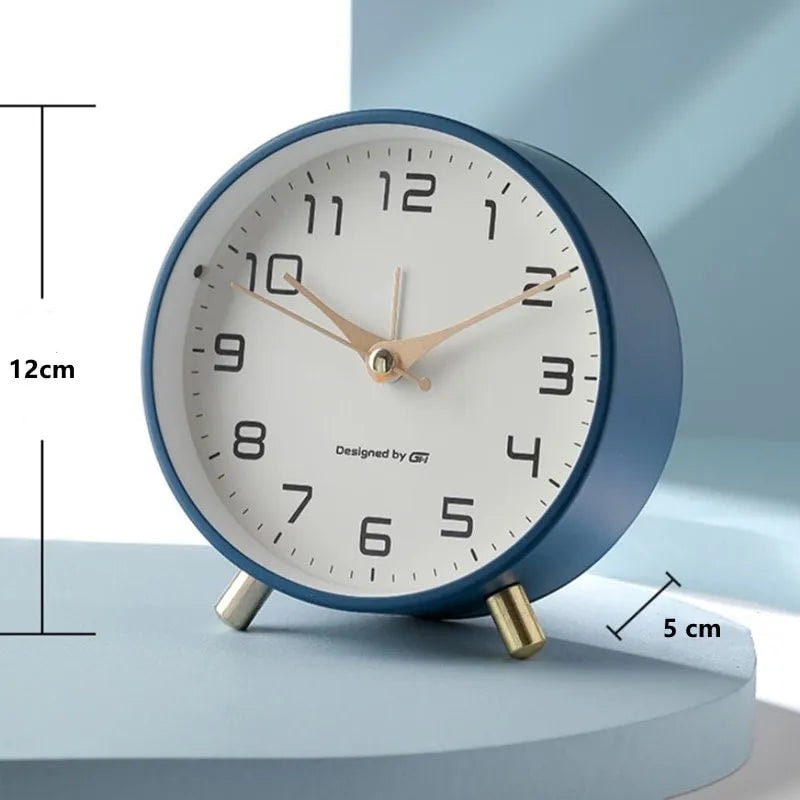Modern Scandinavian Silent Table Clock with Metal Case and Brass Legs