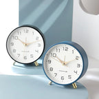 Modern Scandinavian Silent Table Clock with Metal Case and Brass Legs