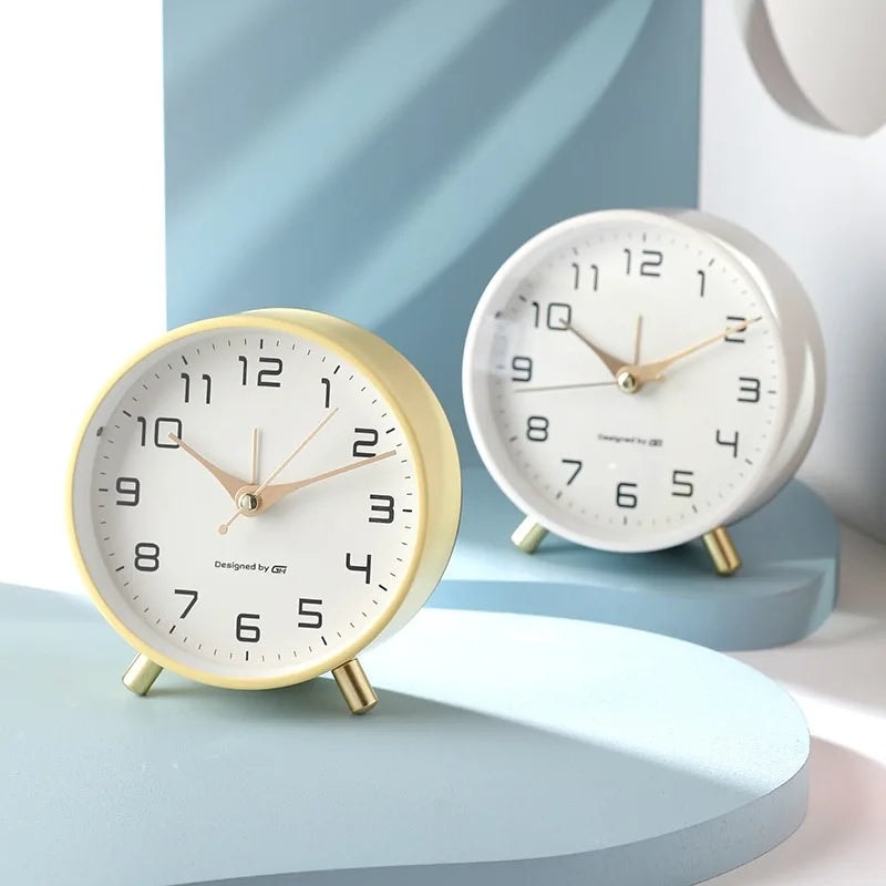 Modern Scandinavian Silent Table Clock with Metal Case and Brass Legs