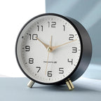 Modern Scandinavian Silent Table Clock with Metal Case and Brass Legs