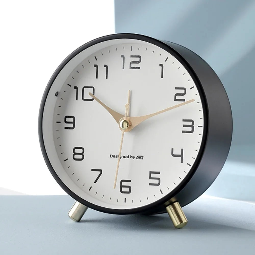 Modern Scandinavian Silent Table Clock with Metal Case and Brass Legs