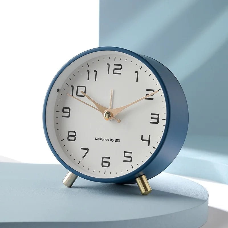Modern Scandinavian Silent Table Clock with Metal Case and Brass Legs