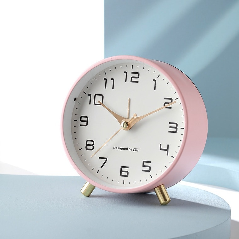 Modern Scandinavian Silent Table Clock with Metal Case and Brass Legs