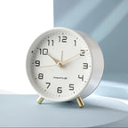 Modern Scandinavian Silent Table Clock with Metal Case and Brass Legs