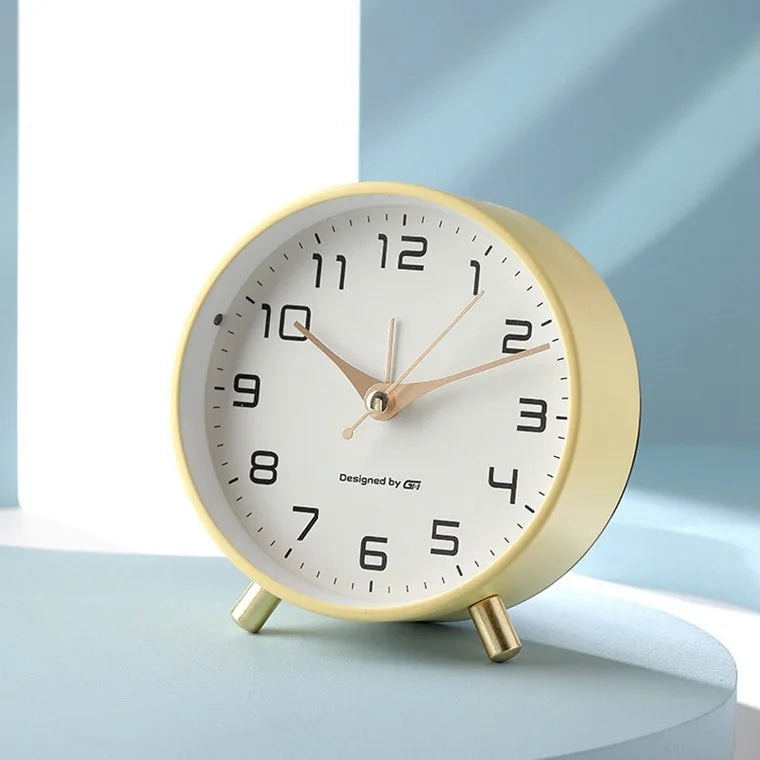 Modern Scandinavian Silent Table Clock with Metal Case and Brass Legs