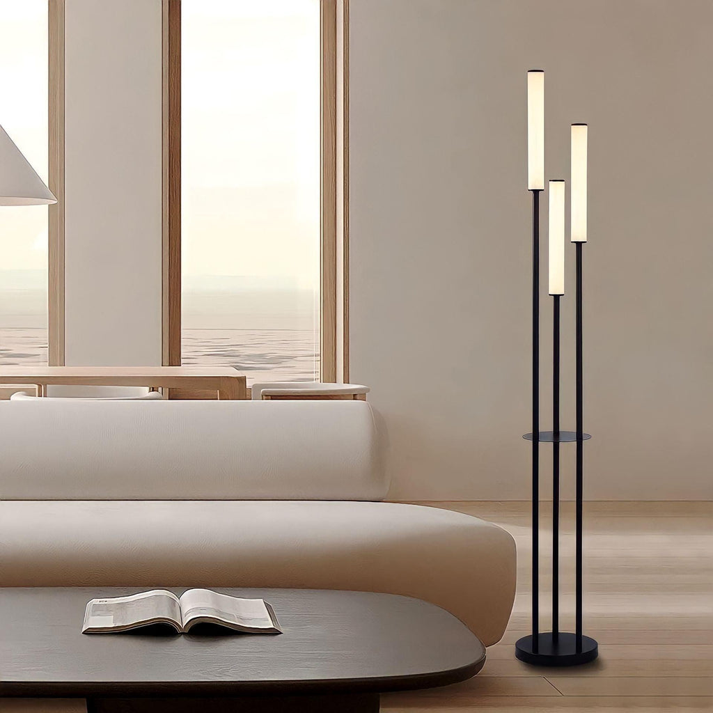 Modern Three Light LED Floor Lamp with Tall Tube Shades and Stepless Dimming