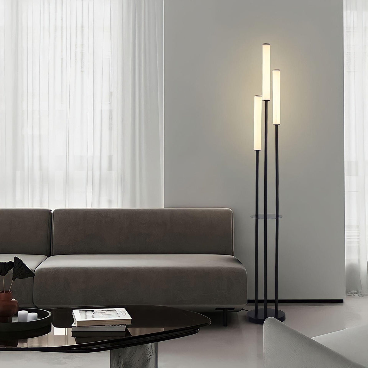 Modern Three Light LED Floor Lamp with Tall Tube Shades and Stepless Dimming