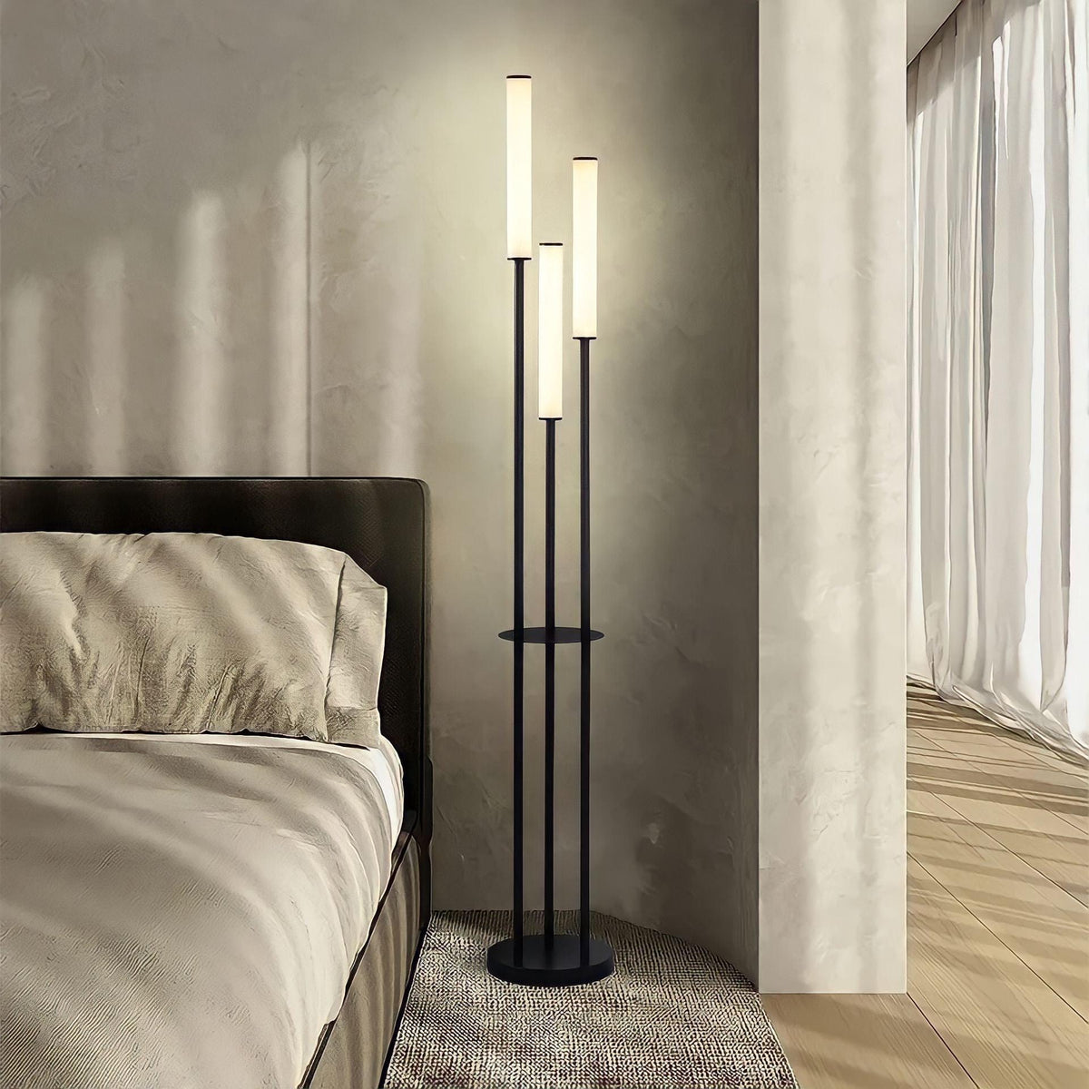 Modern Three Light LED Floor Lamp with Tall Tube Shades and Stepless Dimming