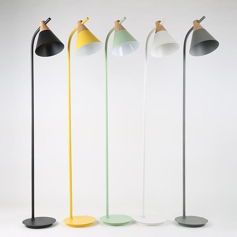 Nordic Macaron Floor Lamp with Cone Metal Shade and Wood Accent for Reading