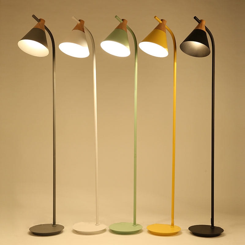 Nordic Macaron Floor Lamp with Cone Metal Shade and Wood Accent for Reading