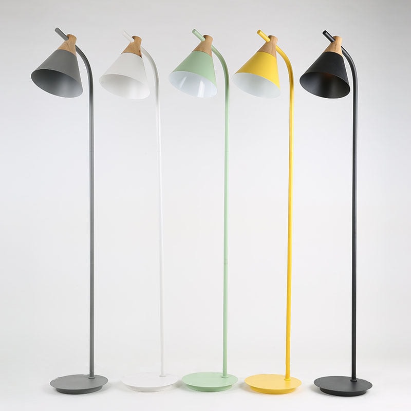 Nordic Macaron Floor Lamp with Cone Metal Shade and Wood Accent for Reading