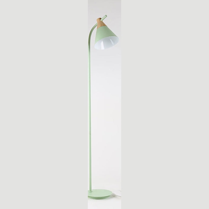 Nordic Macaron Floor Lamp with Cone Metal Shade and Wood Accent for Reading
