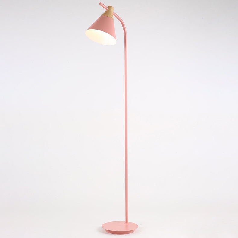 Nordic Macaron Floor Lamp with Cone Metal Shade and Wood Accent for Reading