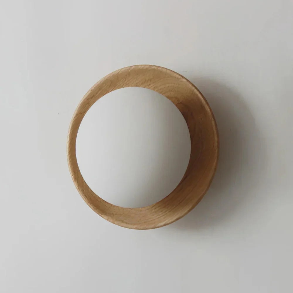 Nordic Wood Wall Sconce with Frosted Glass Globe Shade for Bedroom