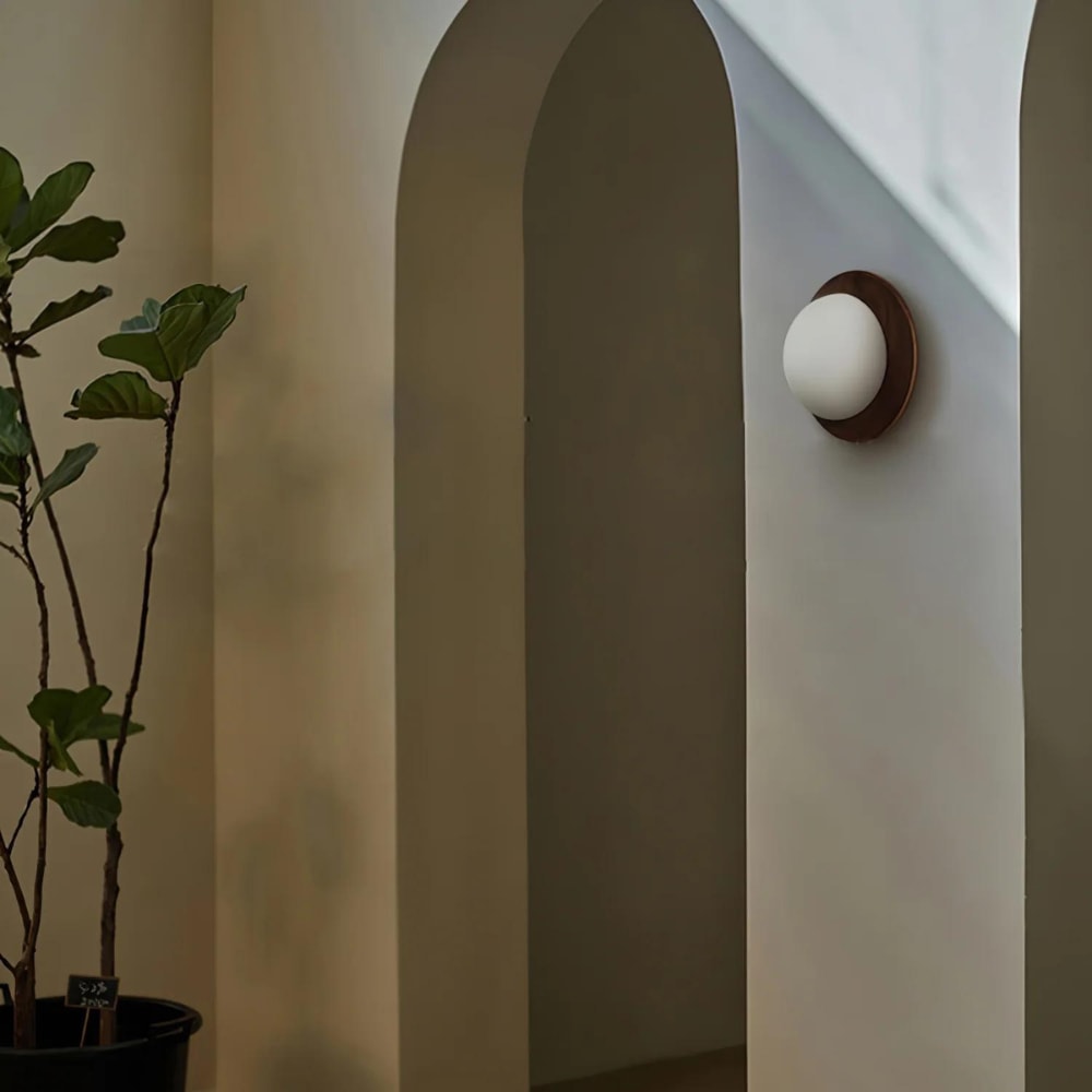 Nordic Wood Wall Sconce with Frosted Glass Globe Shade for Bedroom