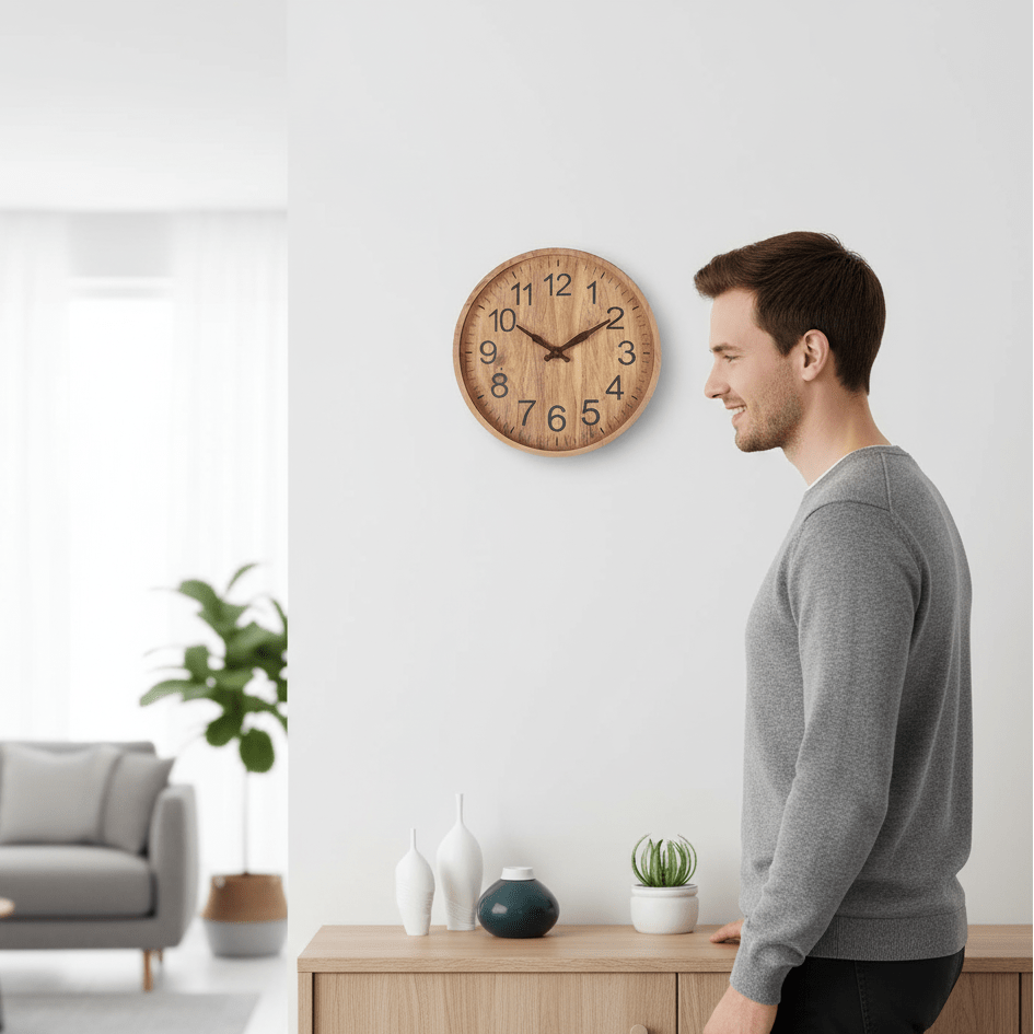 Silent Wooden Wall Clock Round Non-Ticking Battery Operated Wood Grain Clock with Large Numbers for Living Room Kitchen and Bedroom