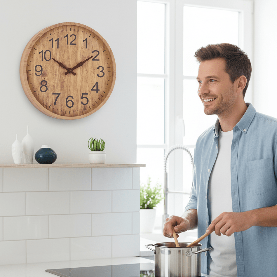 Silent Wooden Wall Clock Round Non-Ticking Battery Operated Wood Grain Clock with Large Numbers for Living Room Kitchen and Bedroom