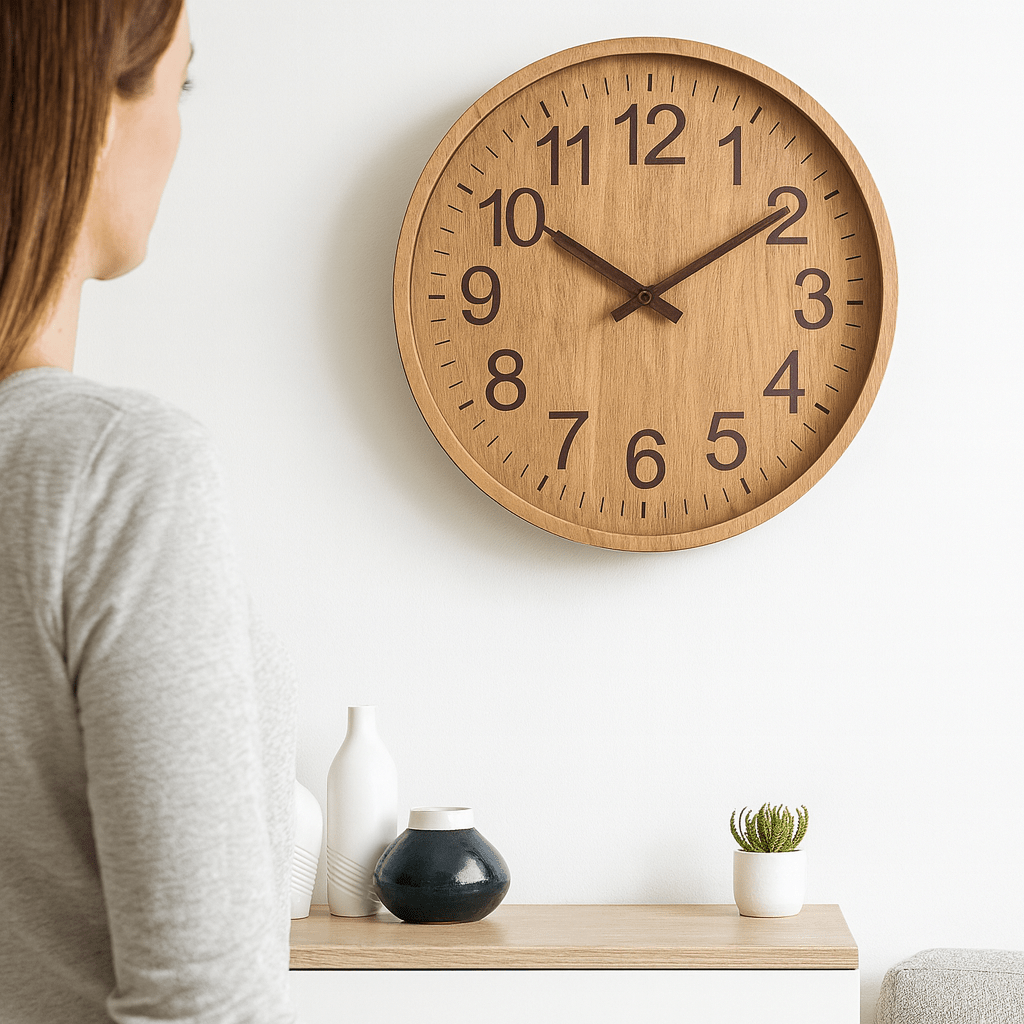 Silent Wooden Wall Clock Round Non-Ticking Battery Operated Wood Grain Clock with Large Numbers for Living Room Kitchen and Bedroom