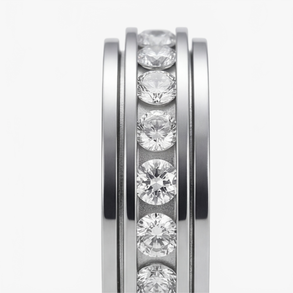 Zirconia Spinner Ring in Polished Titanium Steel with Rotating Band