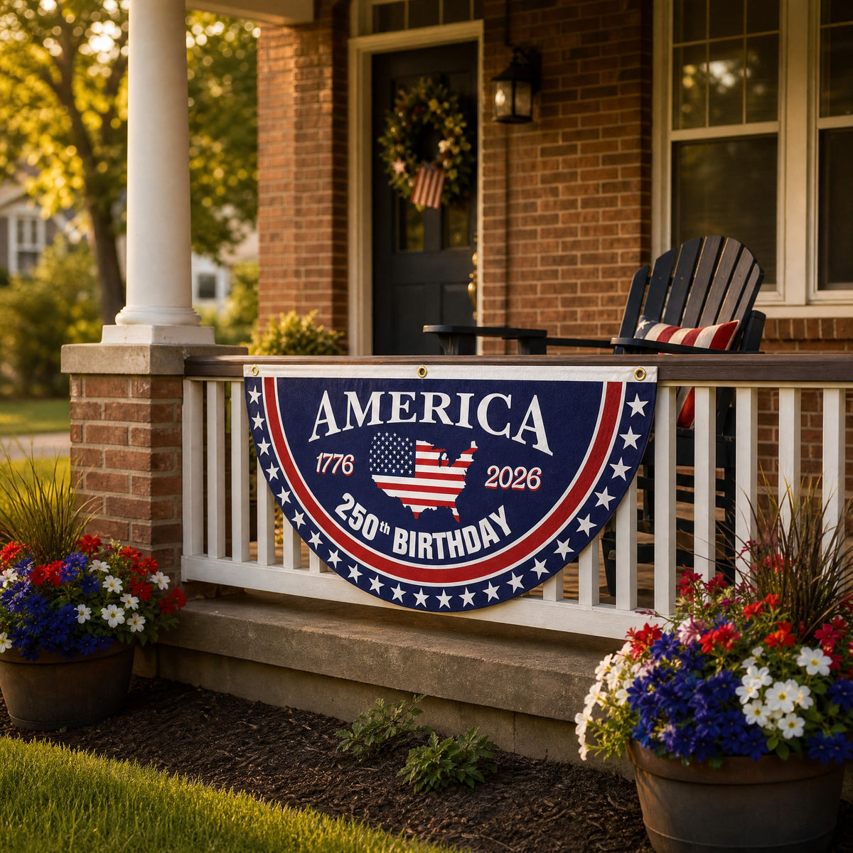 Patriotic America Anniversary Half Fan Flag for Porch Railing
