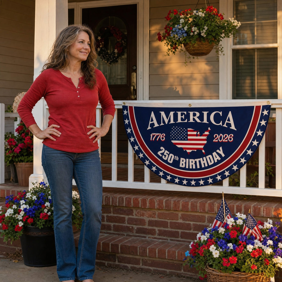 Patriotic America Anniversary Half Fan Flag for Porch Railing