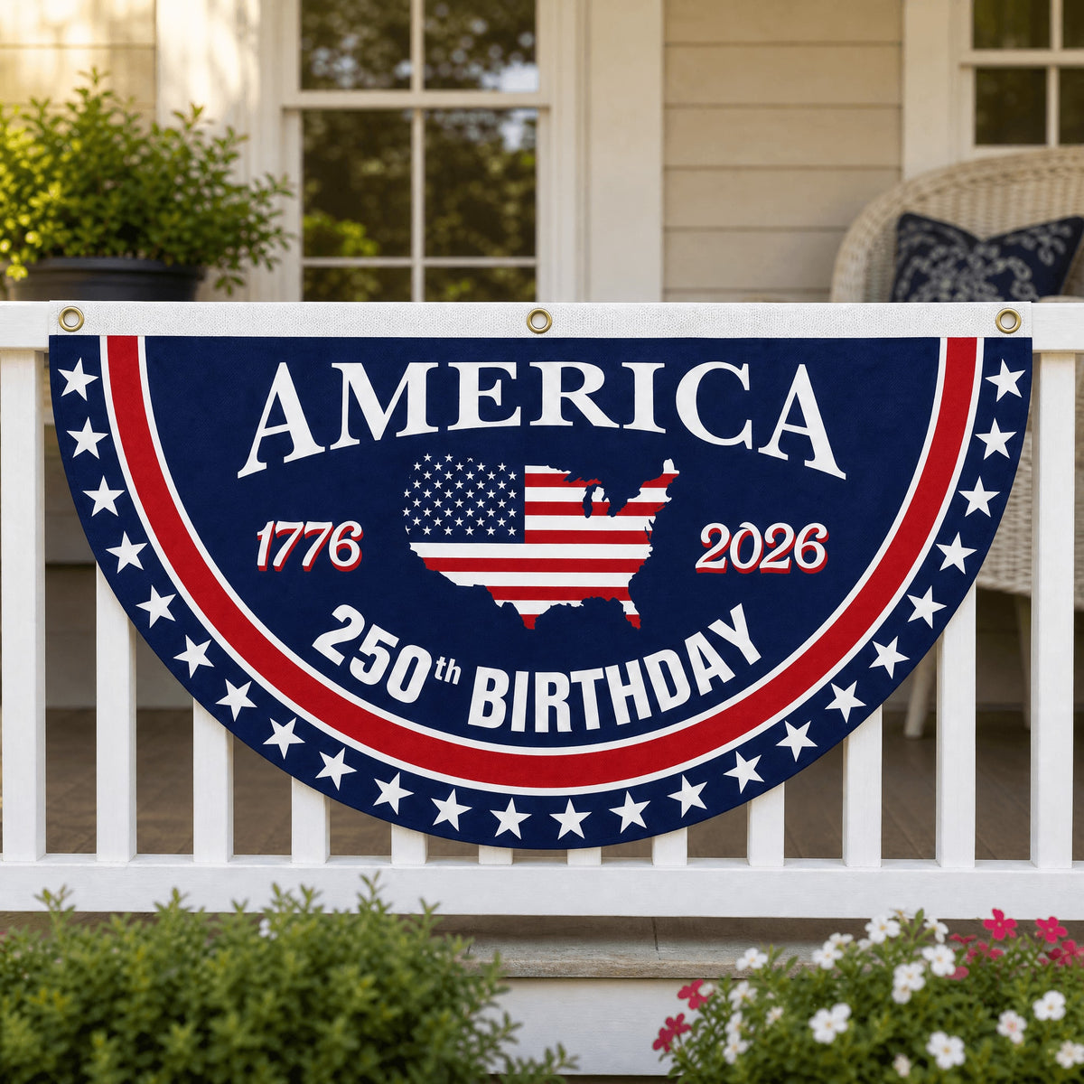 Patriotic America Anniversary Half Fan Flag for Porch Railing