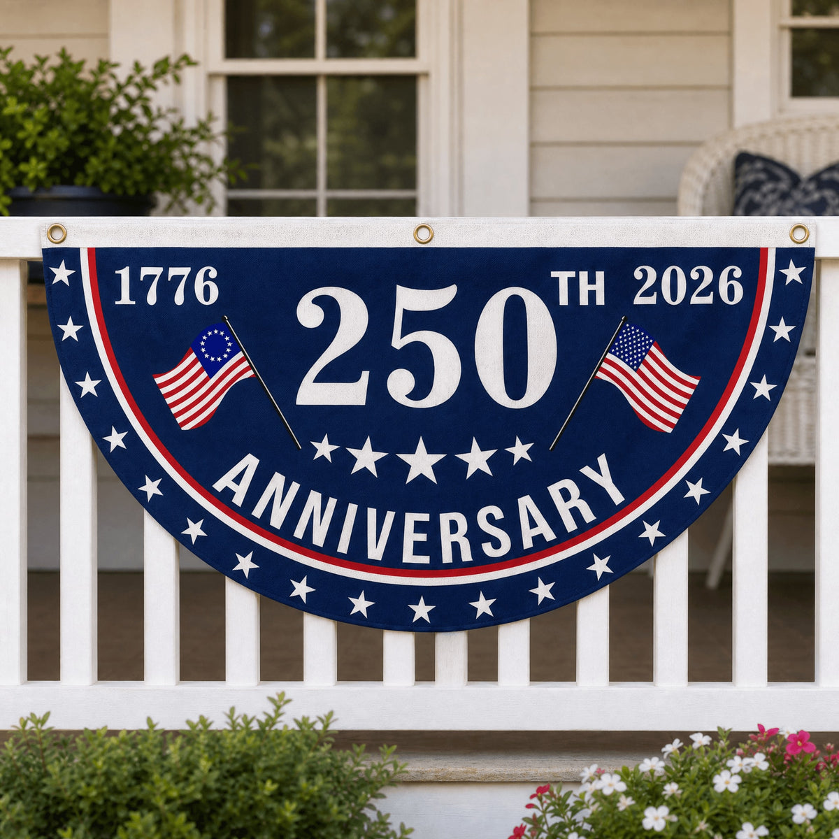 Patriotic America Anniversary Half Fan Flag for Porch Railing